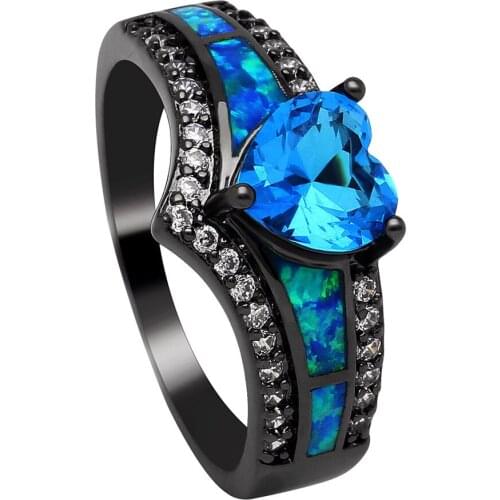 Hot Sale Black Plated Rainbow Blue Purple Blue Fire Opal Love Heart Rings for Women Wholesale Fashion Jewelry Cocktail Ring Gift