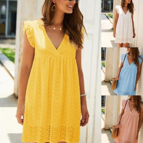 Summer Dress 2021 Women Mini Dress Waist Tied Butterflies Sleeve Women Solid Color Lace V Neck Female Vestidos Beach Party Dress