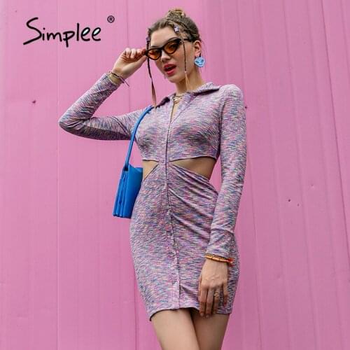 Simplee Sexy hollow out long sleeves Y2K mini dress women Button slim camouflage pattern knitted dress Female lapel slim vestido