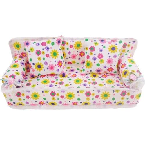 1 Set Mini Dollhouse Flower Cloth Sofa With 2 Cushions Lovely Furniture Chair Accessories for Barbie Doll House Children Toy