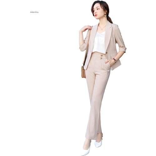 2021SS Female Womens Pants Suit White Apricot Striped Blazer +Trouser Bussiness Jacket Office Lady 2 Pieces Set Plus Size S-4XL