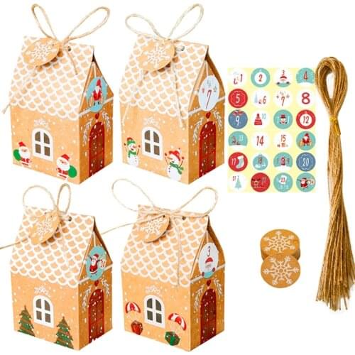 24 Sets Christmas House Gift Box Kraft Paper Cookies Candy Bag Snowflake Tags 1-24 Advent Calendar Stickers Hemp Rope