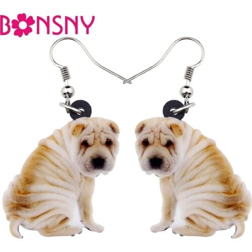Bonsny Acrylic Cartoon Sitting SharPei Dog Earrings Big Long Dangle Drop Women Girls Ladies Animal Jewelry Wholesale Accessory