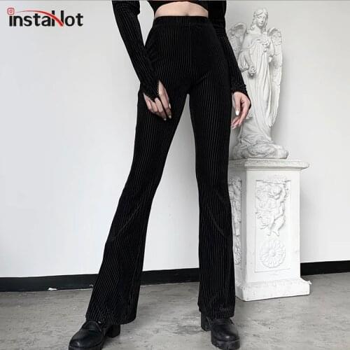 InstaHot Black Velvet Stripe Flare Pants High Waist Elastic 5%Spandex Legging Casual Trouser Autumn Elegant Pants Women Capris