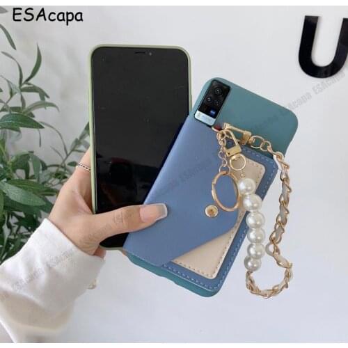 Card Wallet Flip Phone Case For VIVO X60 X50 X30 X27 Pro X23 X21i Pearl Bracelet Wristband Silicone Cover For VIVO X20 X9S Plus