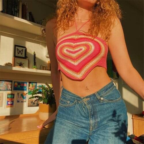 Womens Halter Crop Cami Tops Sleeveless Backless Tops Heart Print Hanky Hem Crochet Camisole Stylish Embroidery Tops for Dating