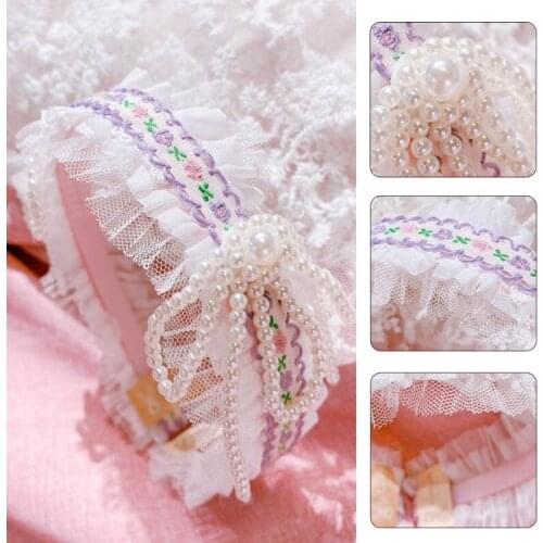 Girl Mesh Ruffles Lace Headband Pearl Bowknot Hair Hoop Embroidery Flower Hair Clips Gorgeous Sweet Hair Accessories