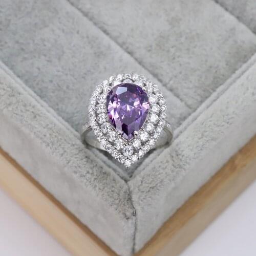 Best selling European and American S925 silver fashion wedding ring zircon water drop Amethyst hat luxury jewelry womens gifts