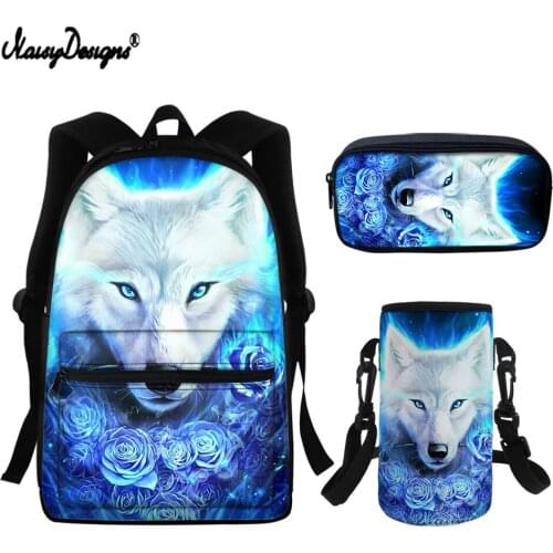 NOISYDESIGNS 2021 New Schoolbags Teenager Boys 3D Flowers Wolf Prints Kids School Backpacks Children Fashion Book Bags 3Pcs/Set