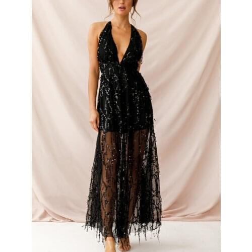 2021 New Womens Sexy Deep V-Neck Sequins Nightclub Robes Ladies Backless Spaghetti Strap Red Bling Long Prom Party Vestidos