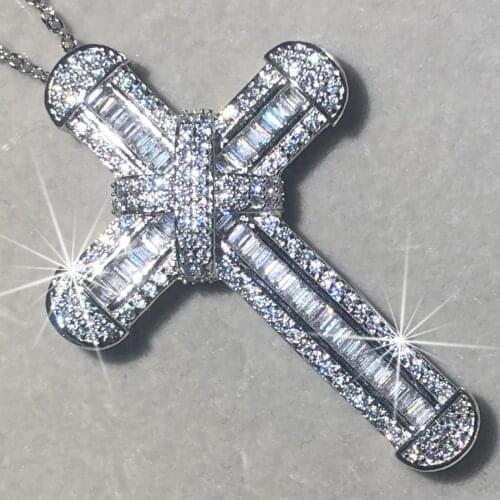 New 925 Silver Exquisite Bible Jesus Cross Pendant Necklace for women men Crucifix Charm Simulated Platinum Diamond fine Jewelry