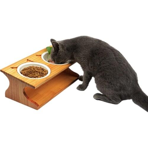 Wholesale Pet Cat Dining Table Bamboo Type Ceramic Double Pet Bowls Small Puppy Pet Dogs Cats Food Water Feeder Container