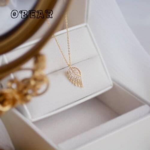 OBEAR Copper Plating 14k Gold Korean Pavé Crystal Angel Wings Pendant Necklace Women Sweet Romantic Dating Jewelry
