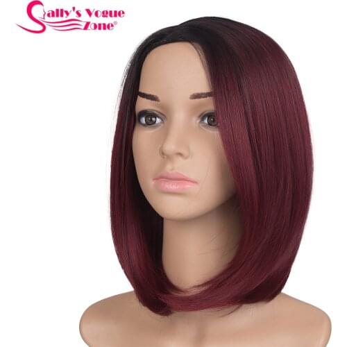 Sallyhair Middle Part 12inch High Temperature Fiber Synthetic Short Ombre Black Wine Red Color Straight Bob Wig For Women