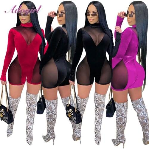 Sexy Sheer Mesh Patchwork Velvet See Through Night Party Clubwear Jumpsuit Women Turtleneck Long Sleeve Playsuit Outfit Romper