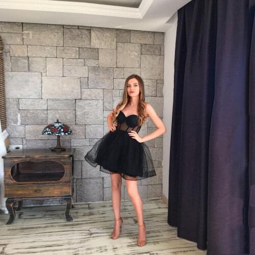 Black Flecks Tulle Dress Sexy Sweetheart Backless Dress Elastic Ribbon Trim Mini Dresses Birthday Party