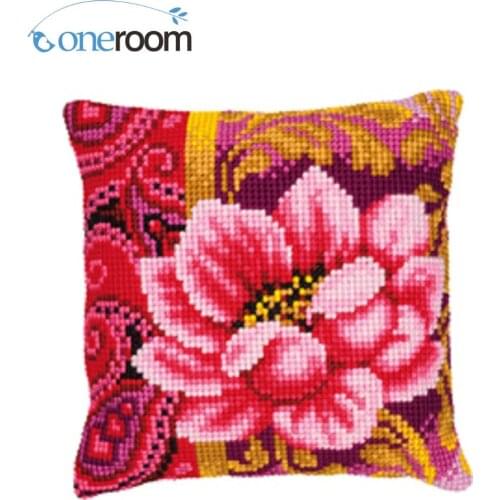Pink flowers DIY Needlework Kit Unfinished Acrylic Yarn Embroidery Pillow Tapestry Canvas Cushion Front Cross Stitch