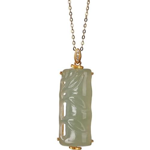 S925 sterling silver gold-plated natural Hetian gray jade pendant ancient temperament Bamboo leaf womens necklace pendant