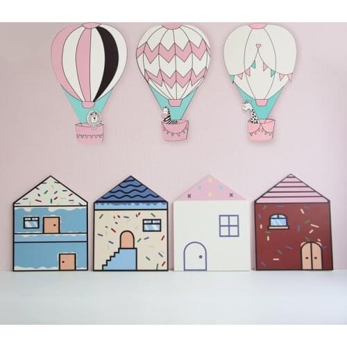 Nordic Cartoon Wood Plastic Board Ornaments Kids Room Decorations Cute Hot Air Balloon House Stereo Wall Decor Children Gift