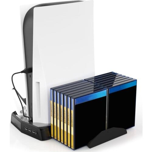 For PS5 Vertical Cooling Fan Stand Digital Edition with 14 Game Slot 3 Hub Port Dual Controller Charging Station Charger for PS5