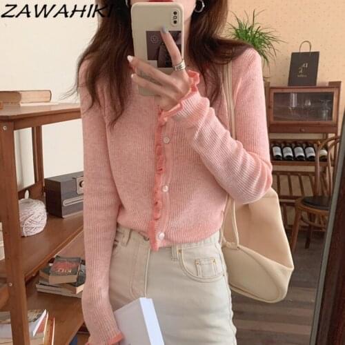 ZAWAHIKI Spring Autumn Short Sweater Cardigan Thin Pink Sweaters Solid Long Sleeve O Neck Ruffles Casual Fashion Tops for Women
