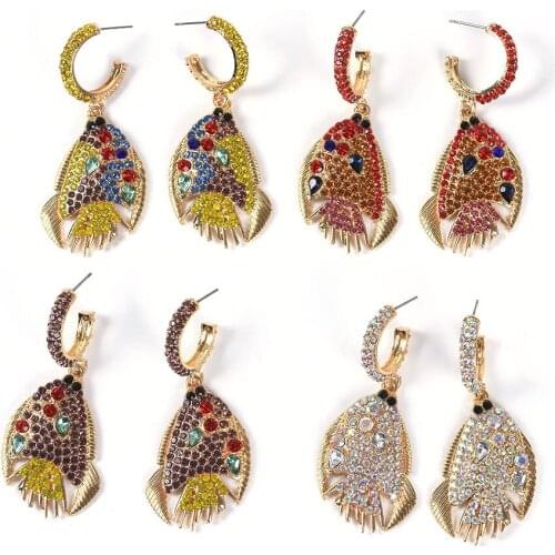 Colorful Full Rhinestone Fish Earrings Women Indian Statement ZA Earrings Jewelry Femme Christmas Long Dangle Drop Earrings 2019