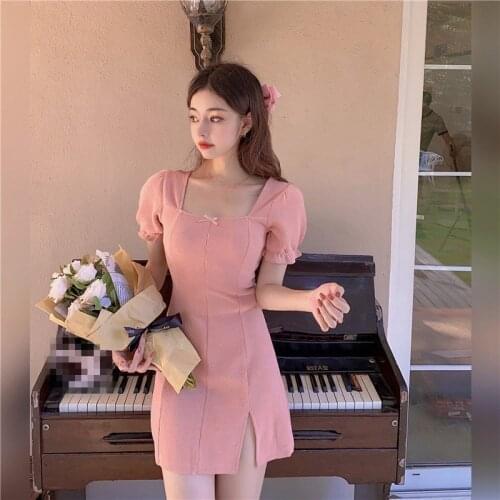 ZC3446 2021 summer new women fashion sexy temperament Elegant and beautiful square collar slim dress cheap wholesale