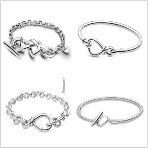 Original 925 Sterling Silver Bracelet Knotted Heart-embellished T-clasp Link Bangle Fit Women Bead Charm Pandora Jewelry
