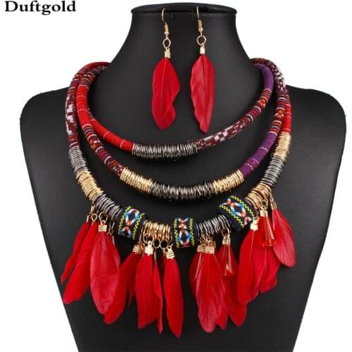 Multilayer Feather Tassel Bohemian Necklace Set Ethnic Necklaces Earrings Women African Jewelry Sets Collier Africain Ethnique