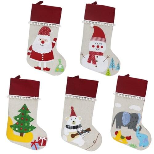 1PC Christmas Stockings Hanging Ornaments Santa Snowman Elk Elephant Tassels Gifts Reusable Decoration