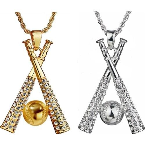 Baseball Pendant Necklace For Men Boys AAA Cubic Zirconia Pendant Choker Gold Necklaces Rope Chain Necklace Hip-hop Jewelry Gift