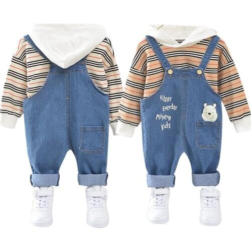 Baby Spring New Suit 2PCS Long Sleeve Hooded Sweater Denim Overalls Kid Casual Clothing Infant Jumpsuit Set Boy Outfit