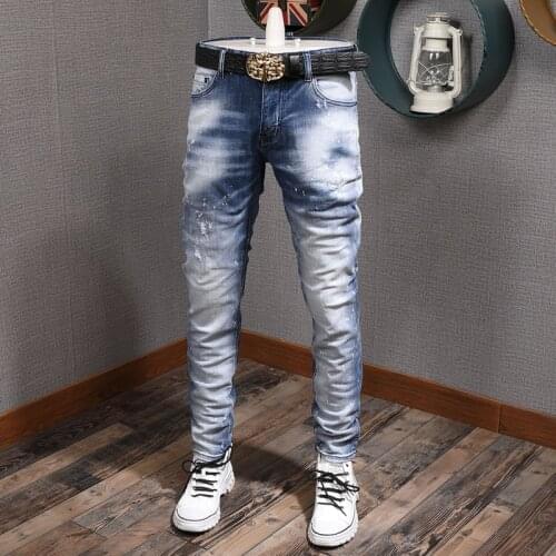 Italian Brand Fashion Men Jeans Retro Light Gray Blue Slim Fit Ripped Jeans Men Plain Distressed Wash Designer Denim Punk Pants