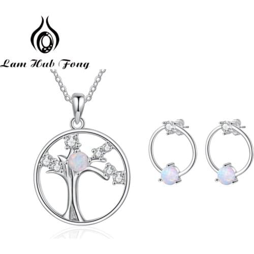 925 Sterling Silver Opal Jewelry Sets Circle Stud Earrings for Women Tree of Life Pendants Necklaces Jewelry Set (Lam Hub Fong)