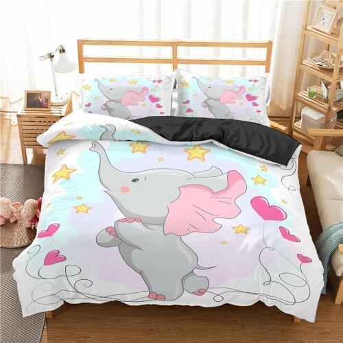 Lovely 3D Cartoon Print Bedding Set for Kids Pink Elephant Duvet Cover Set King Queen Size Quilt Cover Bedcloth Comforter Decor