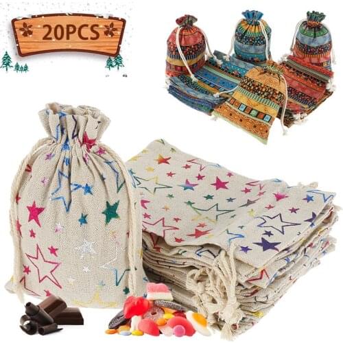 20 Pcs Linen Drawstring Gift Bags Colorful Star Printed Party Packaging Bag Candy Gift Bags Wedding Christmas Festive Supplies