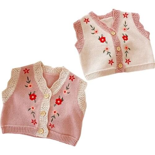 Fashion Kids Vest Sweaters New Baby Girls Sleeveless Embroidery Flowers Cardigan Lothes Autumn Winter V-neck Cotton Sweaters