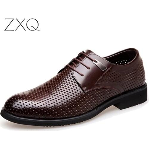 New Summer Genuine Leather Men Oxford Shoes Elegant Pointed Toe Hollow Breathable Black Leather Men Dress Shoes