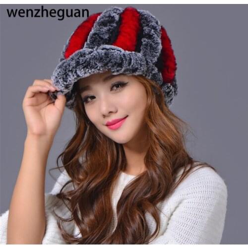 Genuine Knitted Rex Rabbit Fur Hat Natural Rabbit Fur Caps Fashion Women Winter Warm Thick Wool Hat Free Shipping