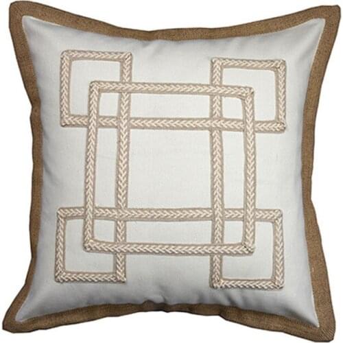 Home Decor Embroidered Cushion Cover White Geometric Canvas Cotton Suqare Embroidery Pillow Cover 45x45cm