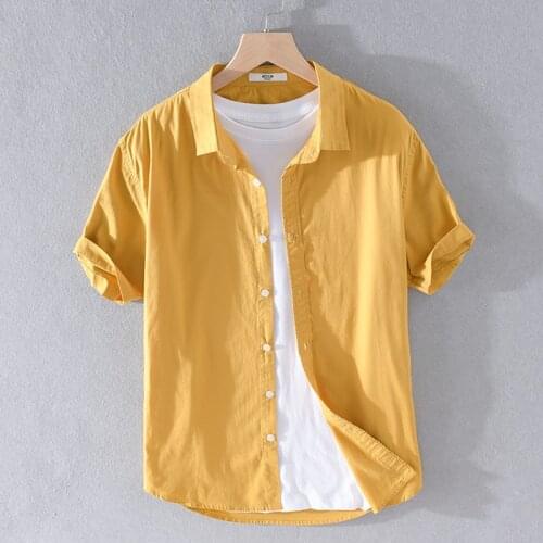 Summer new design solid comfortable yellow shirts men fashion casual shirt for men cotton brand shirt mens camiseta overhemd