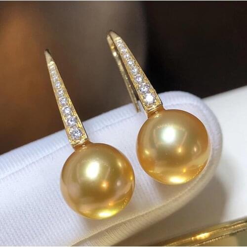 D420 Pearl Earrings Fine Jewelry Solid 18K Gold Round 8-9mm Ocean Sea Water Golden Pearls Drop Dangle Earrings for Women
