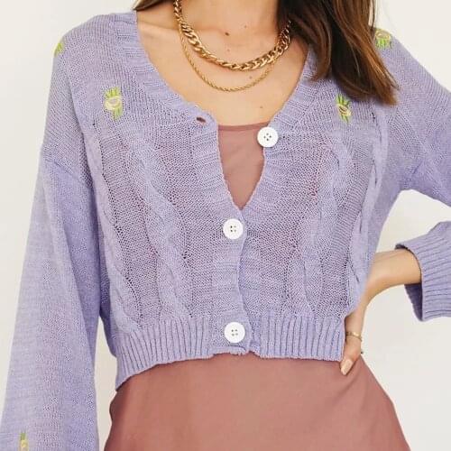 GypsyLady Embroidery Cropped Sweater Cardigan Autumn Chic Thin Cable Knitted Long Sleeve Women Sweater Purple Knitwear Outwear