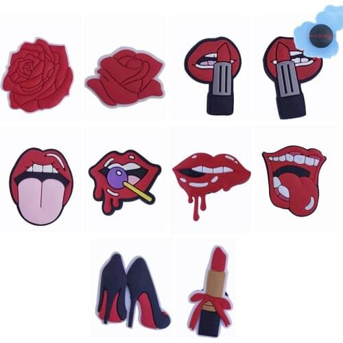 50pcs Wholesale High Heel Red Lips PVC Shoes Accessories Children Garden Shoe Decorations Fit DIY Wristband Croc Jibz Charm