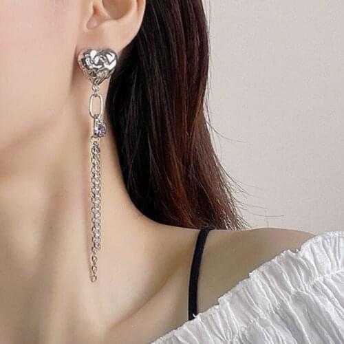 VSnow Japanese Sweet Love Heart Long Tassel Dangle Earring for Women Girls Asymmetric Shining Rhinestone Metal Earring Jewelry