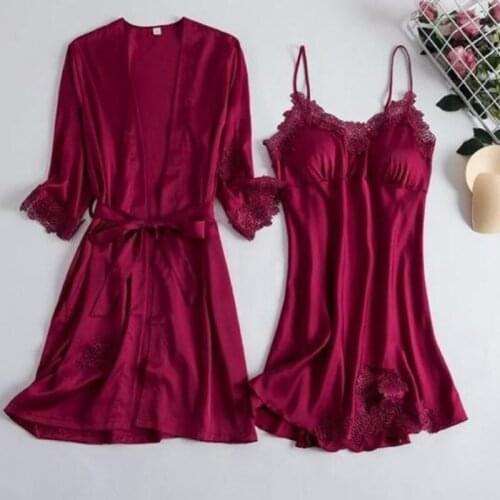 2PCS Women Ice Silk Sleepwear Loose Home Wear V-neck Nightgown Sexy Lace Knee-length Nightwear Solid Color Casual Pajamas