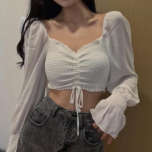 2021 New Solid Color Cotton Sexy Vintage Women Long Sleeve Square Neck Shirt Drawstring Off Shoulder Blouse Crop Top