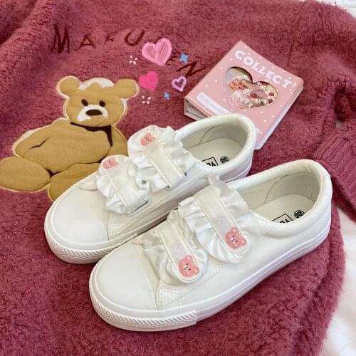 Female white shoes 2021 spring and autumn trend Japanese cute pink cute bear flat velcro canvas shoes fashion college style