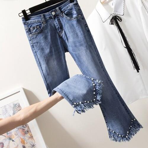 Womens Jeans 2021New Spring Autumn High Waist Beaded Tassel Vintage Stretch Denim Pants Plus Size Casual Female Jeans Pants