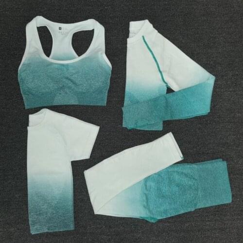 4pcs Women Seamless Yoga Set Gym High Waist Ombre Leggings +bra+long sleeve crop Top Suit Fitness Workout Sports Sportswear Set